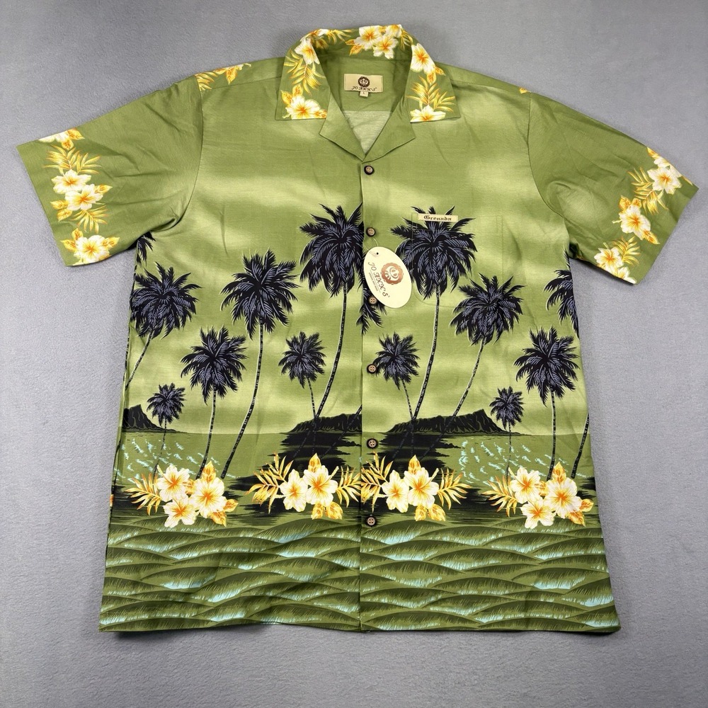 Jo Axx's Hawaiian Shirt Men L NWT Green Palm Tree Floral Aloha Grenada